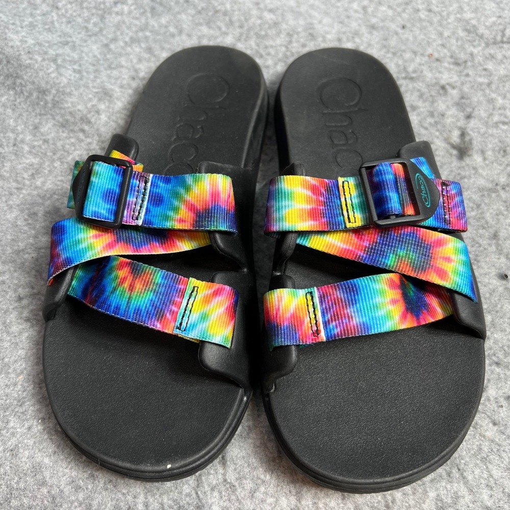 Chaco Chillos Slide Sandals Womens Black Rainbow Tie Dye Adjustable Z Straps 9